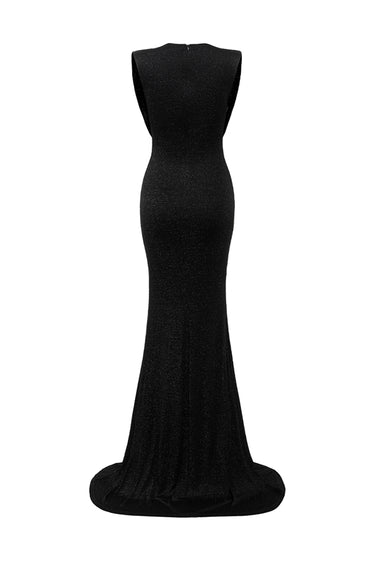 Black shimmer jersey maxi dress with a draped cowl neckline and delicate embellishments - IHF STUDIO