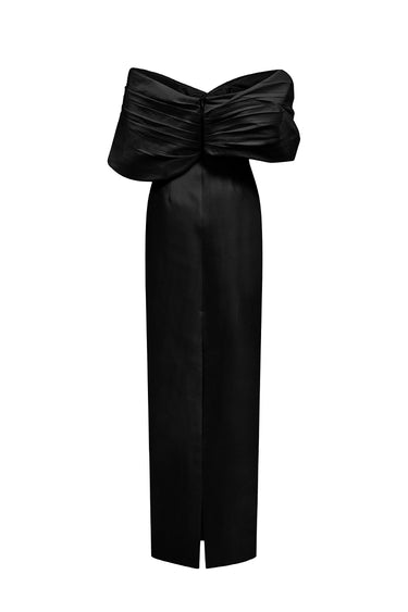 Black Draping Shoulder Column Taffeta Gown - IHF STUDIO