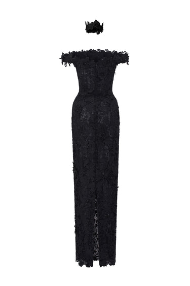 Black Floral Garden Lace Bustier Column Dress With Off-Shoulder Details - IHF STUDIO