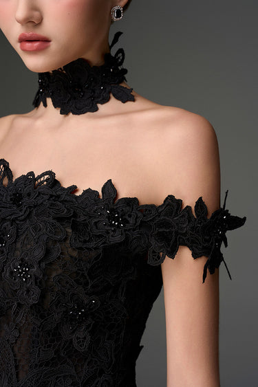 Black Floral Garden Lace Bustier Column Dress With Off-Shoulder Details - IHF STUDIO