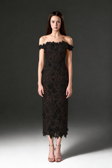 Black Floral Garden Lace bustier column midi dress with off-shoulder details - IHF STUDIO