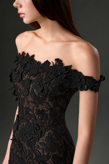 Black Floral Garden Lace bustier column midi dress with off-shoulder details - IHF STUDIO