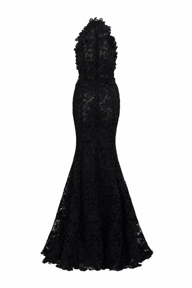 Black Floral Garden Lace halter mermaid pear-silhouette maxi dress - IHF STUDIO