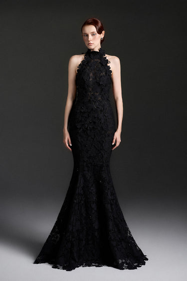 Black Floral Garden Lace halter mermaid pear-silhouette maxi dress - IHF STUDIO