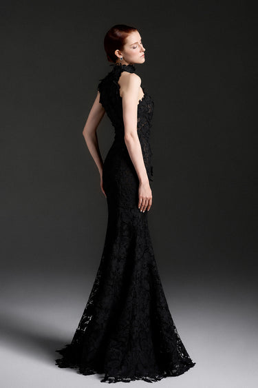 Black Floral Garden Lace halter mermaid pear-silhouette maxi dress - IHF STUDIO