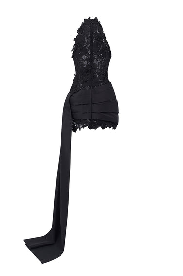 Black Floral Garden Lace Halter Mini-Column Dress With Asymmetric Draped Detail - IHF STUDIO