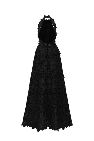 Black Floral Garden Lace Maxi A-line Dress with Halter neck and Waist Cut-Out back - IHF STUDIO
