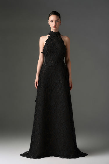 Black Floral Garden Lace Maxi A-line Dress with Halter neck and Waist Cut-Out back - IHF STUDIO