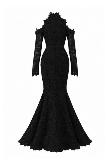 Black Floral Garden Lace mermaid dress with halter neck and long sleeves - IHF STUDIO
