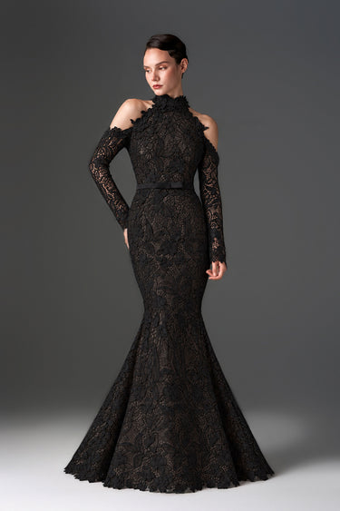 Black Floral Garden Lace mermaid dress with halter neck and long sleeves - IHF STUDIO