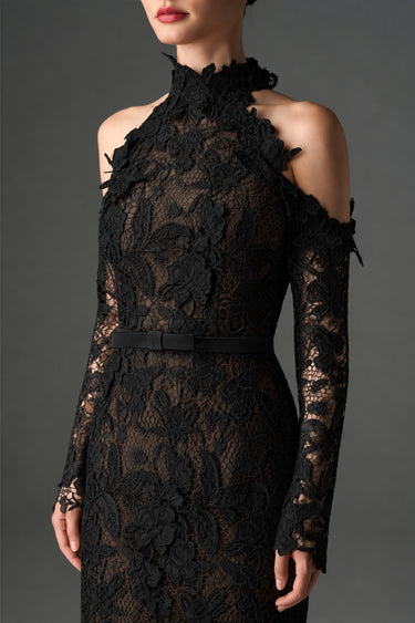 Black Floral Garden Lace mermaid dress with halter neck and long sleeves - IHF STUDIO