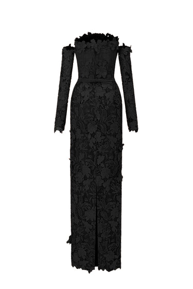 Black Floral Garden Lace Off-Shoulder Dress with Long Sleeves - IHF STUDIO