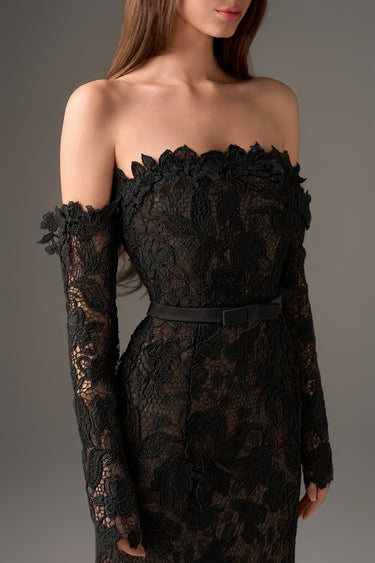 Black Floral Garden Lace Off-Shoulder Dress with Long Sleeves - IHF STUDIO