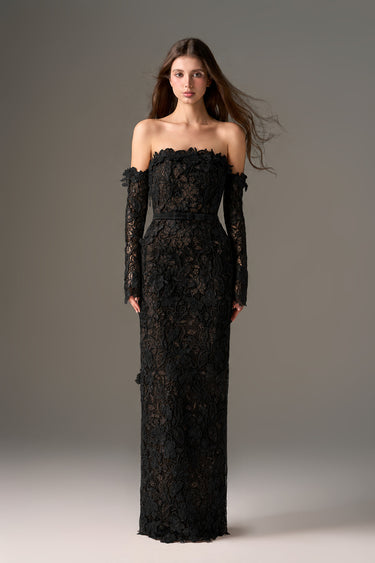 Black Floral Garden Lace Off-Shoulder Dress with Long Sleeves - IHF STUDIO