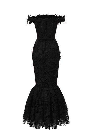 Black Floral Garden Lace Off-Shoulder Midi-Mermaid Dress - IHF STUDIO