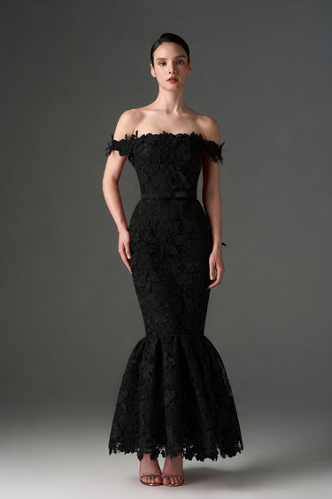 Black Floral Garden Lace Off-Shoulder Midi-Mermaid Dress - IHF STUDIO