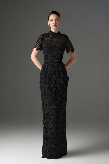 Black Floral Garden Lace column dress - IHF STUDIO