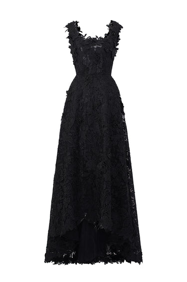 Black Floral Garden Lace Trapeze Midi Mullet A-line Dress With Pearl Cluster Embellishment - IHF STUDIO
