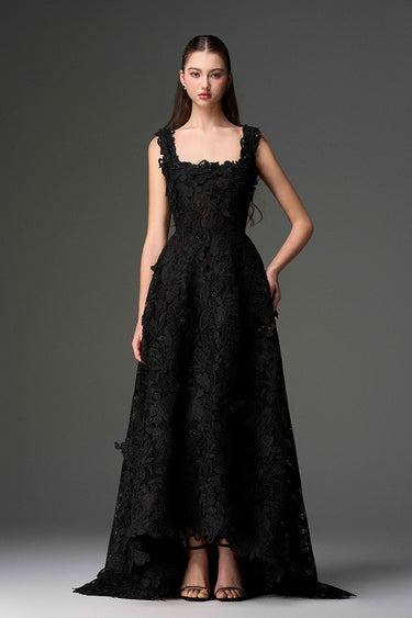 Black Floral Garden Lace Trapeze Midi Mullet A-line Dress With Pearl Cluster Embellishment - IHF STUDIO