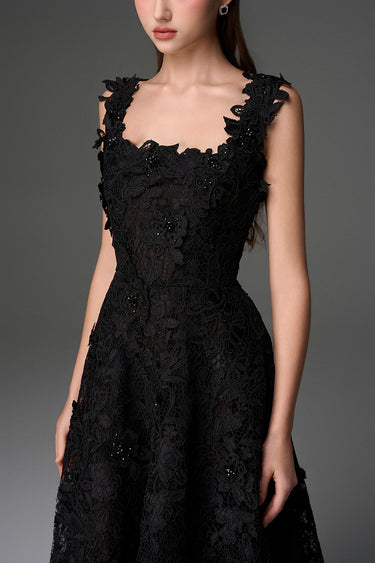 Black Floral Garden Lace Trapeze Midi Mullet A-line Dress With Pearl Cluster Embellishment - IHF STUDIO