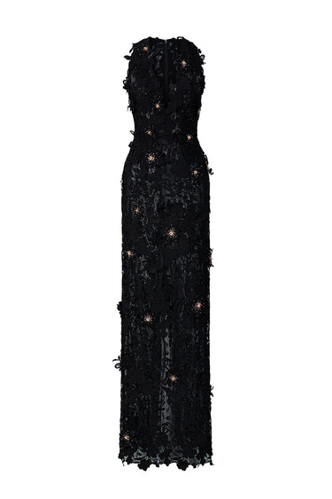 Black Floral Garden Lace V-Neck Maxi-Column Dress With Crystal Cluster Embellishment - IHF STUDIO
