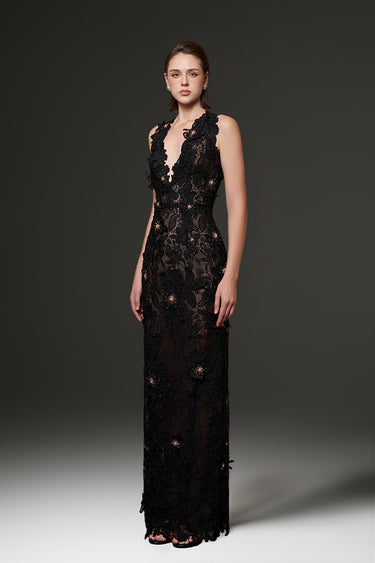 Black Floral Garden Lace V-Neck Maxi-Column Dress With Crystal Cluster Embellishment - IHF STUDIO