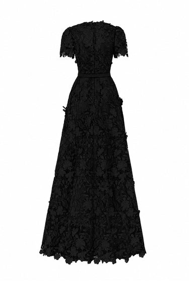 Black Floral Garden Short Sleeves A-Line Maxi Dress - IHF STUDIO