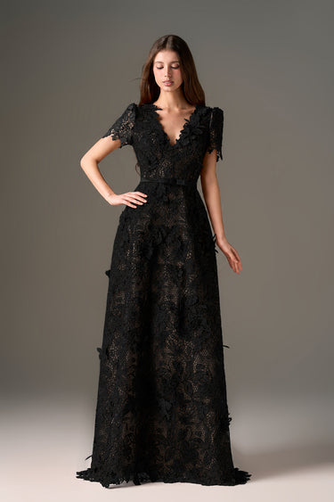Black Floral Garden Short Sleeves A-Line Maxi Dress - IHF STUDIO
