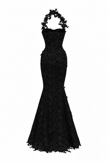Black Floral Vine Lace mermaid maxi dress with cupped bodice - IHF STUDIO
