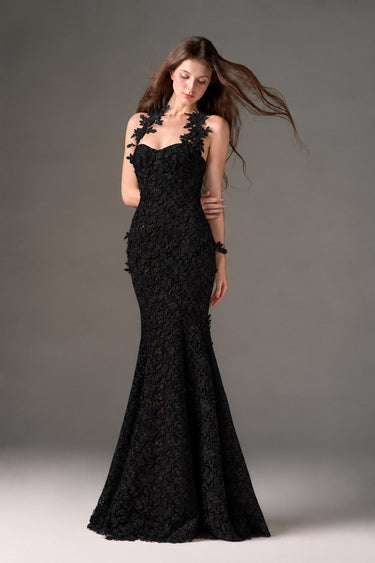 Black Floral Vine Lace mermaid maxi dress with cupped bodice - IHF STUDIO