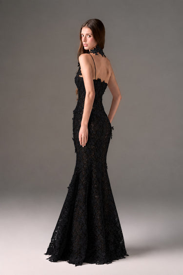 Black Floral Vine Lace mermaid maxi dress with cupped bodice - IHF STUDIO