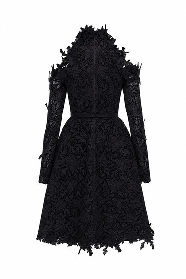 Black Floral Vine Lace Mini Mullet Dress With Halter Neck And Long Sleeves - IHF STUDIO
