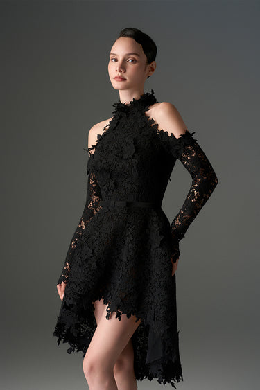 Black Floral Vine Lace Mini Mullet Dress With Halter Neck And Long Sleeves - IHF STUDIO
