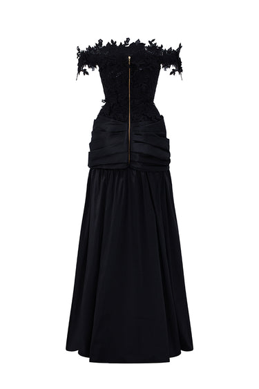 Black Floral Vine Lace Off-Shoulder A-line Dress With Draped Details Taffeta - IHF STUDIO
