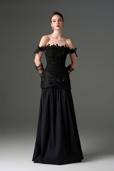 Black Floral Vine Lace Off-Shoulder A-line Dress With Draped Details Taffeta - IHF STUDIO