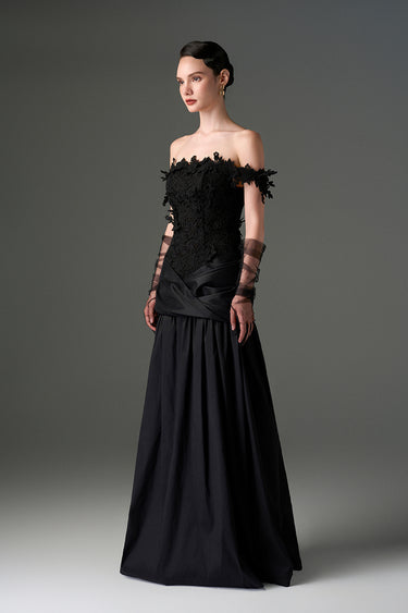Black Floral Vine Lace Off-Shoulder A-line Dress With Draped Details Taffeta - IHF STUDIO