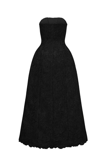 Black Folded Bust Guipure Lace Midi Dress - IHF STUDIO