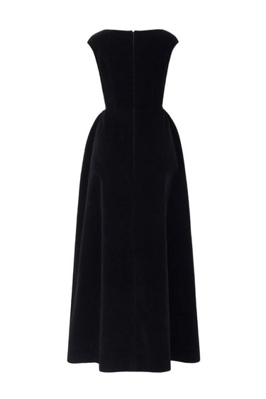 Black Lyon Velvet A-Line Midi Dress With Branch & Flower Embellishments - IHF STUDIO