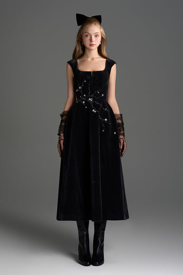 Black Lyon Velvet A-Line Midi Dress With Branch & Flower Embellishments - IHF STUDIO