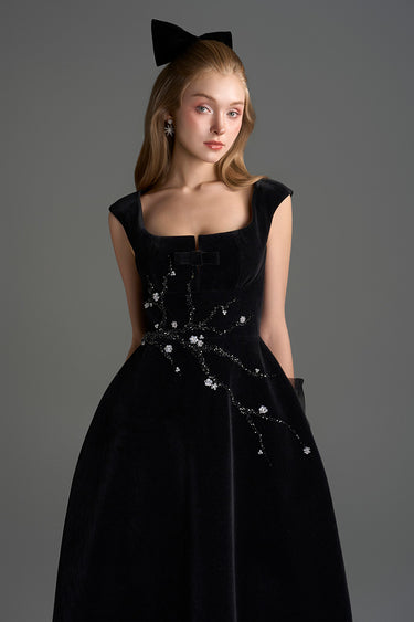 Black Lyon Velvet A-Line Midi Dress With Branch & Flower Embellishments - IHF STUDIO