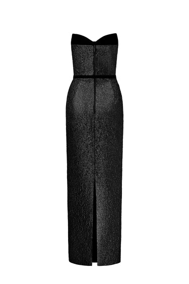 Black Metallic-Lacquer Jacquard Bustier Midi Column Dress with Lotus-Petal Shaped Detailing - IHF STUDIO