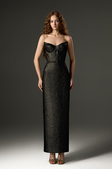 Black Metallic-Lacquer Jacquard Bustier Midi Column Dress with Lotus-Petal Shaped Detailing - IHF STUDIO