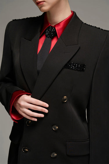 Black Oversized Blazer With Black Crystal-Embellished Pocket Flap - IHF STUDIO
