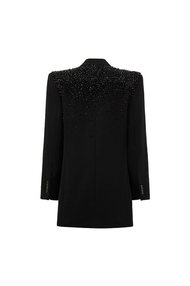 Black Oversized Blazer With Black Crystal-Embellished Pocket Flap - IHF STUDIO