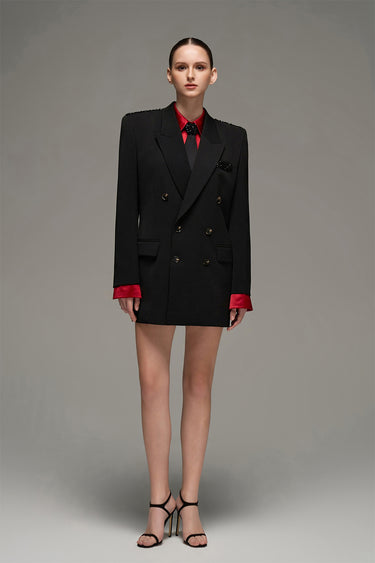 Black Oversized Blazer With Black Crystal-Embellished Pocket Flap - IHF STUDIO