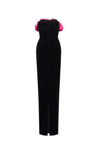Black & Pink Off-Shoulder Rosette Column Gown - IHF STUDIO