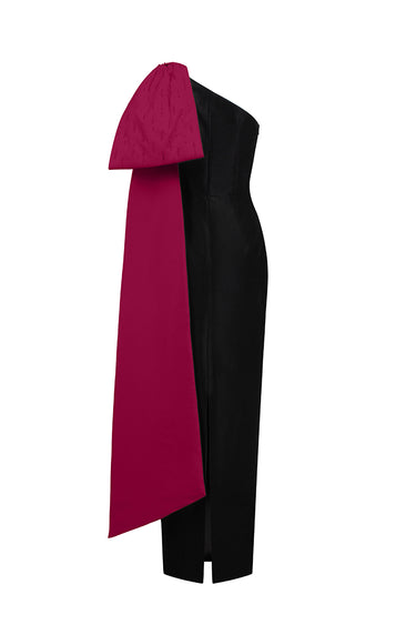 Black & Pink One-Bow Shoulder Taffeta Sheath Dress - IHF STUDIO