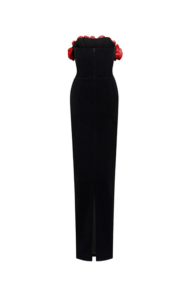 Black & Red Off-Shoulder Rosette Column Gown - IHF STUDIO