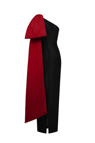 Black & Red One-Bow Shoulder Taffeta Sheath Dress - IHF STUDIO