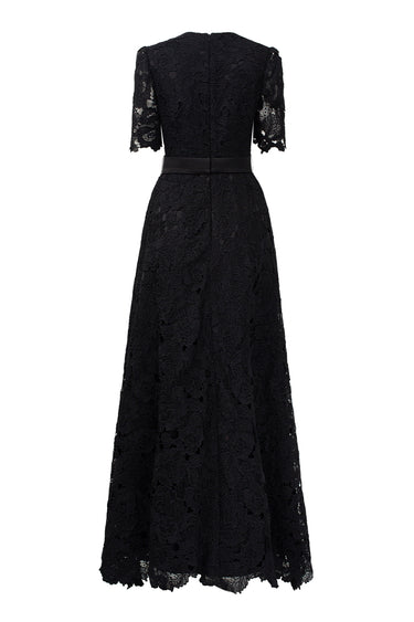Black crochet lace A-line gown with short sleeves and crystal detailing at neckline and waist - IHF STUDIO